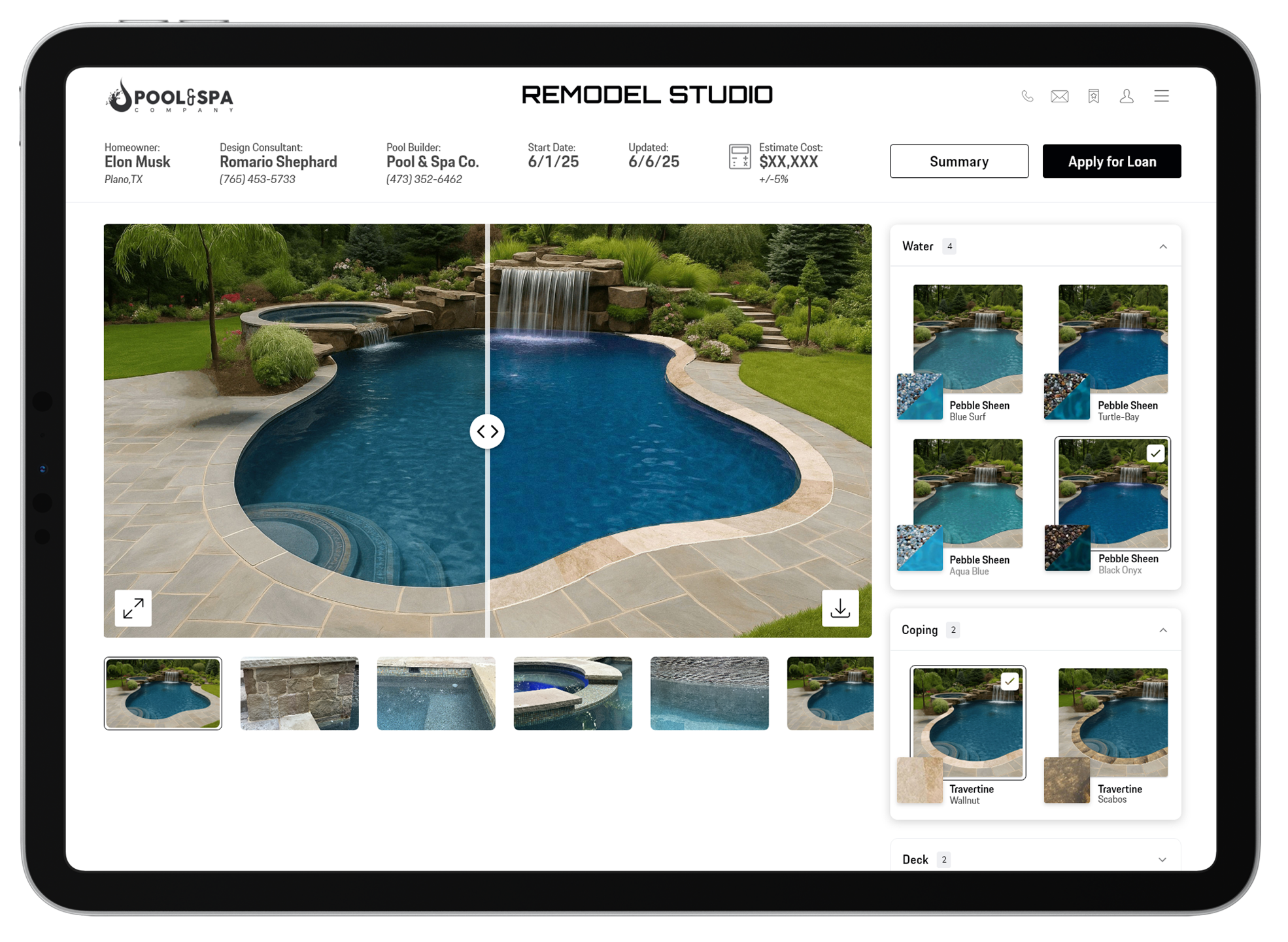 Pool remodeling before and after preview using Poolpix AI pool design software